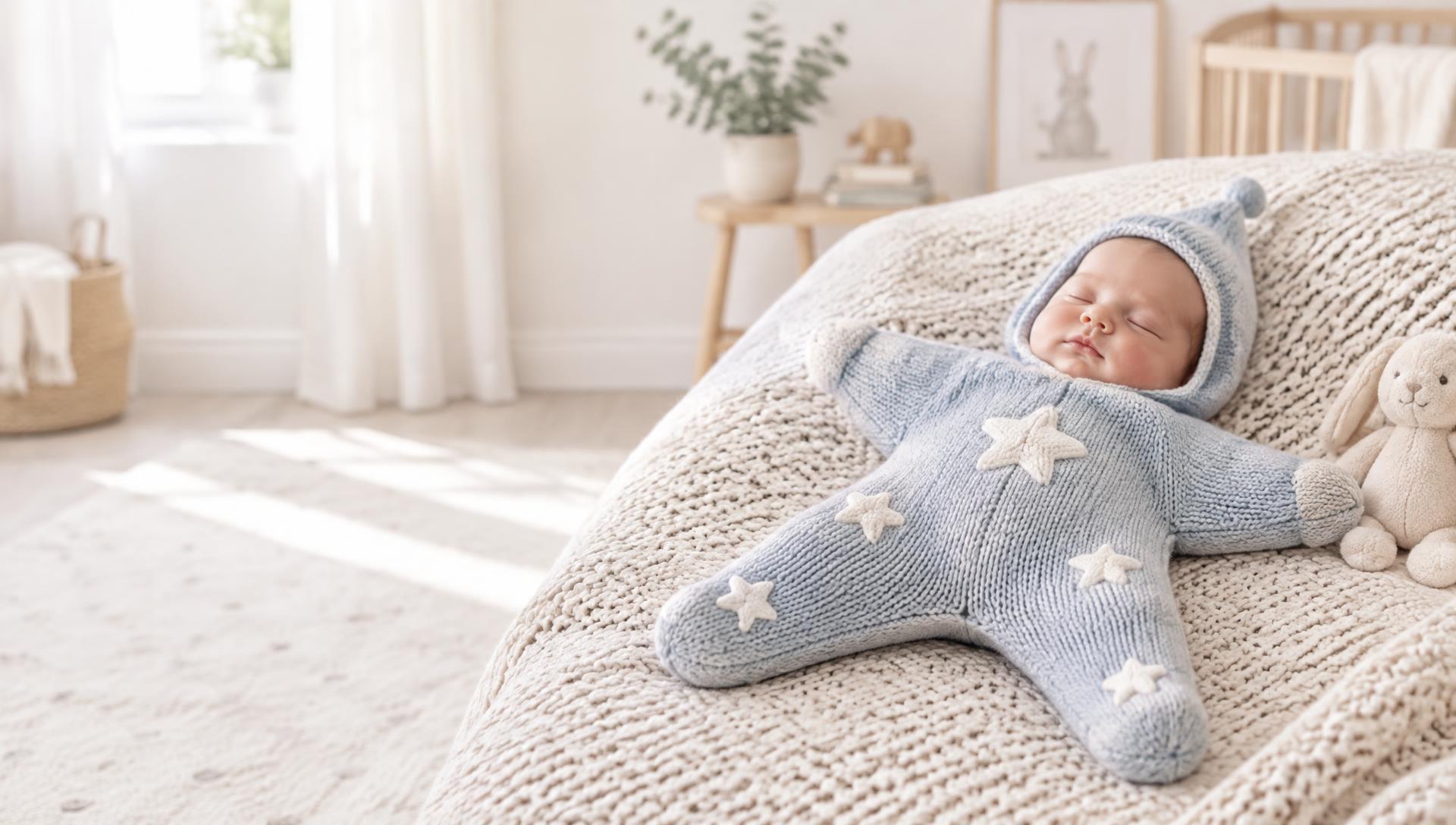 Bebis som sover i en stickad stjärnoverall i en ljus barnkammare